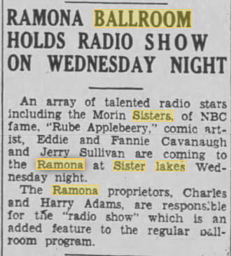 Ramona Ballroom/Dance Pavilion at Sister Lakes - 17 Jul 1934 Article (newer photo)